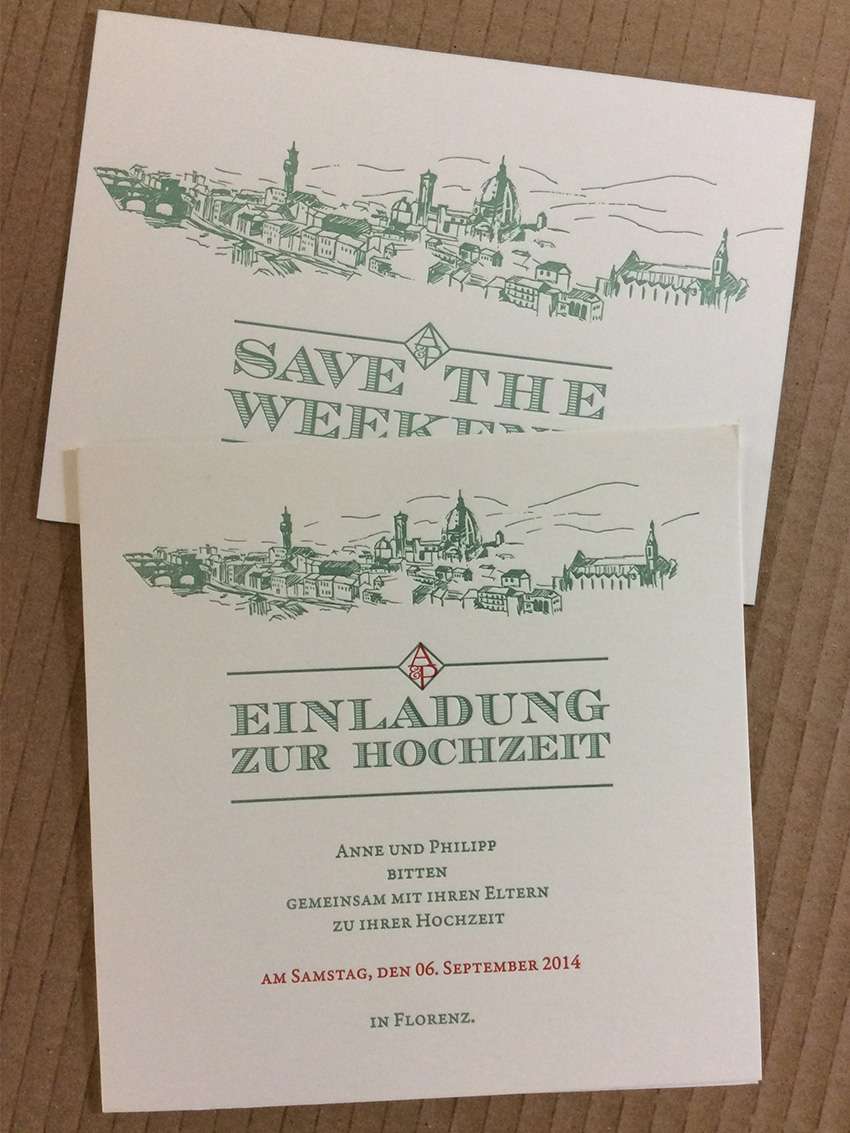 Hochzeitspapeterie aus der Druckerei Werkstatt Dietz München Hochzeitskarten mit Florentiner Stadtansicht hergestellt im Buchdruckverfahren. Hochzeitskarten aus dem Münchener Westend