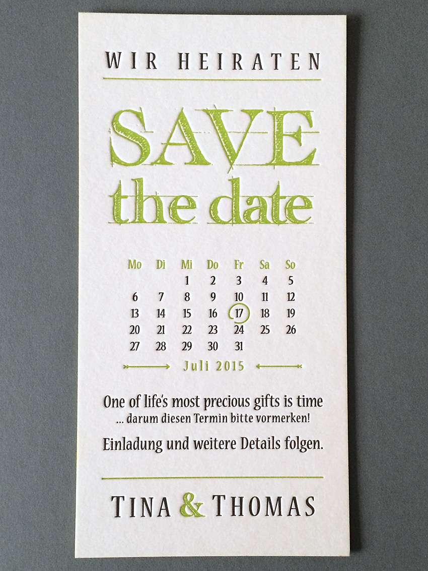 Hochzeitskarten vom Brautpaar selber in unserer Offenen Werkstatt gedruckt. Hochzeitskarten aus der Druckerei Werkstatt Dietz München Diese Save-the-Date Karte wurde in unserer Offenen Werkstatt vom Brautpaar selbst gedruckt nach Teilnahme am Letterpress-Workshop