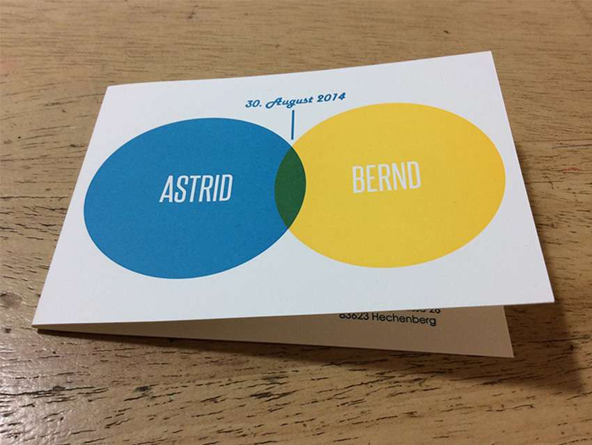 Hochzeitskarten aus der Druckerei Werkstatt Dietz München Aus dem Überdrucken von zwei Farben entsteht eine dritte Farbe. Hochzeitskarten aus dem Münchener Westend