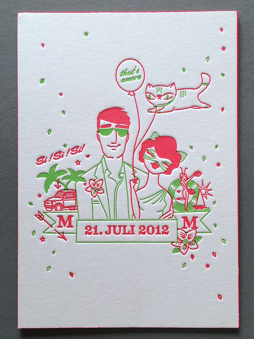 Hochzeitskarte im Letterpress mit Farbschnitt. Hochzeitskarten aus der Druckerei Werkstatt Dietz München That's amore. Super gestaltete Hochzeitseinladung im Letterpress mit Farbschnitt
