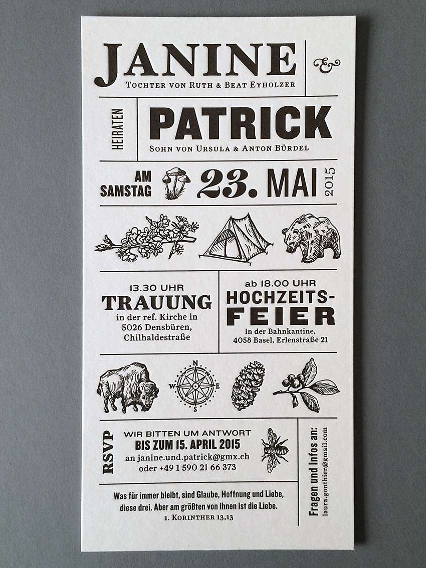 Hochzeitseinladung. Hochzeitskarten aus der Druckerei Werkstatt Dietz München alles auf einen Blick. Buchdruck auf 1 mm starken Archivkarton